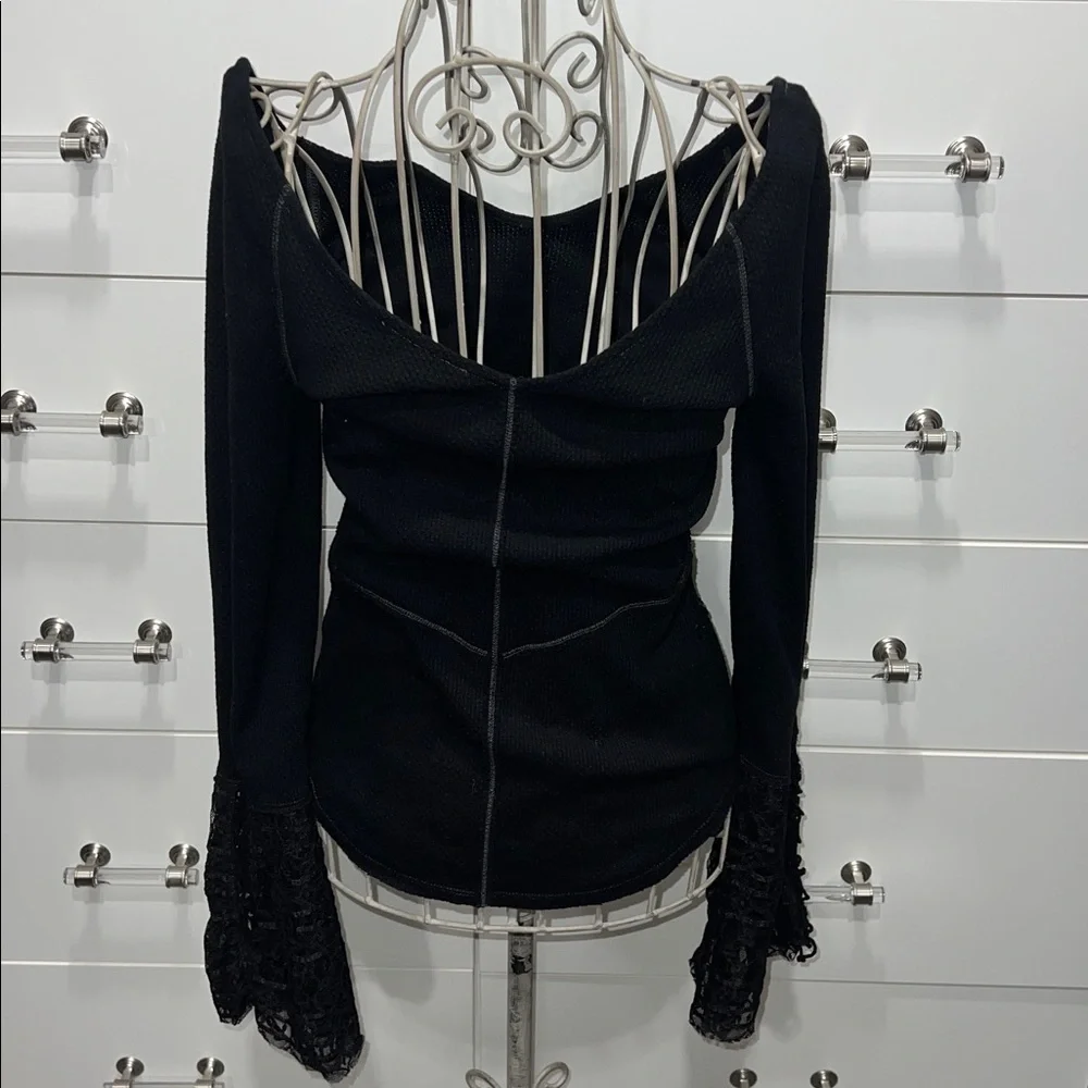 Free People Juliet Lace Up Bell Sleeve Cuff Thermal Top, size S